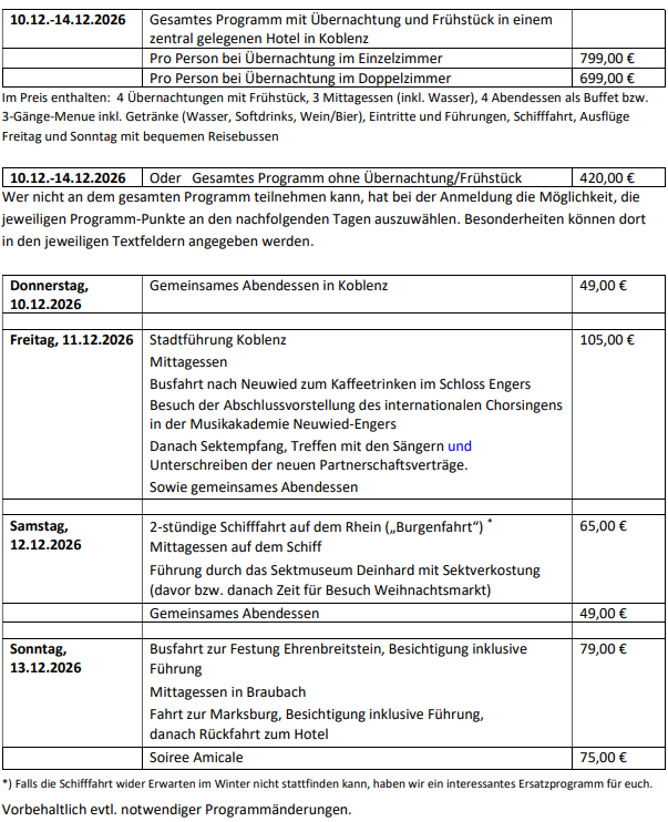 Internationales Partnerschafts-Treffen in Koblenz vom 10. – 14. Dezember 2026 Intl. Sektionstreffen Koblenz 2026 Programm
